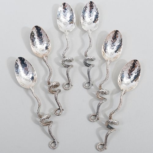 Set of Six Pampaloni Italian Silver Plate Serpent Handle Spoons
