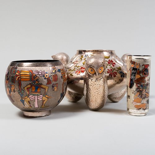 Three Miguel Pineda Silver Plate CloisonnÃ© Vases