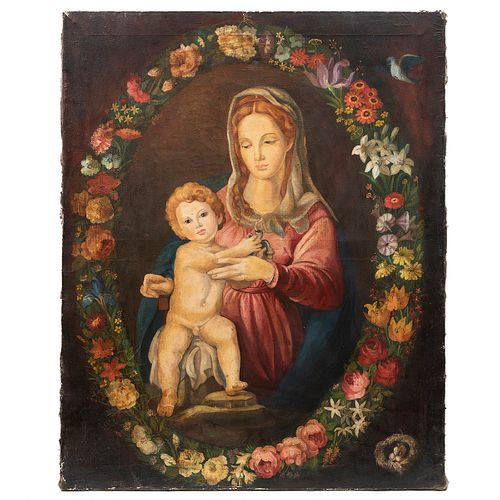 ANÓNIMO Virgen con el niño Óleo sobre tela 100 x 80 cm Sin enmarcar Detalles de conservación y ligeros dobleces.