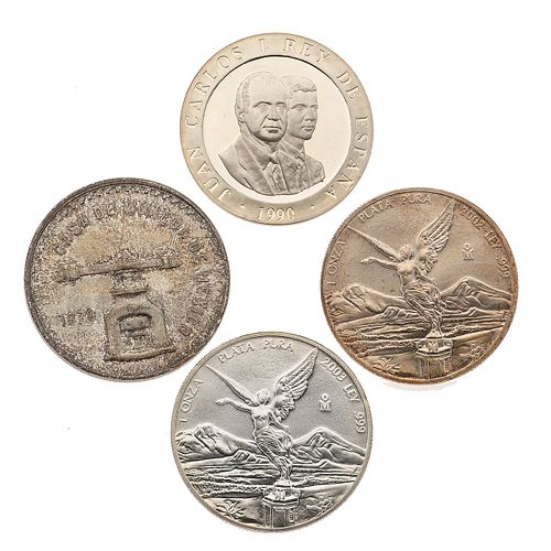 Tres monedas Onza y medalla de Olimpiada de Barcelona en plata .925 y .999. Peso: 122.8 g.