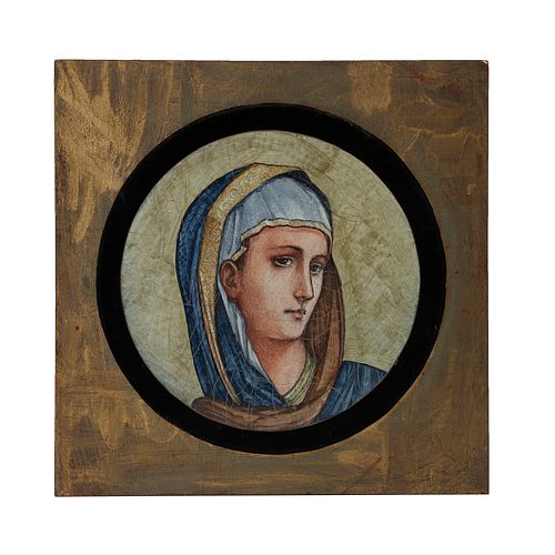 ANÓNIMO. Rostro de Virgen. Esmalte sobre cobre. Enmarcado. 13 cm de diámetro.