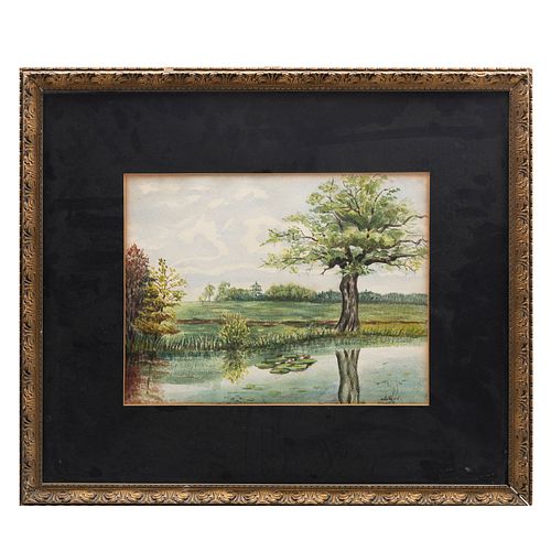 FIRMADO B. KIRSCH. Vista de paisaje con árbol y río. Acuarela sobre papel. 25 x 33 cm.
