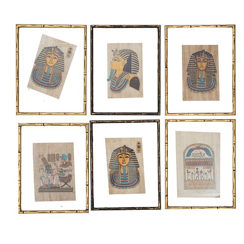 Lote de 6 papiros Egipto, SXX Tinta sobre papel papiro Con esmalte dorado y plateado. Diferentes representanciones de faraones