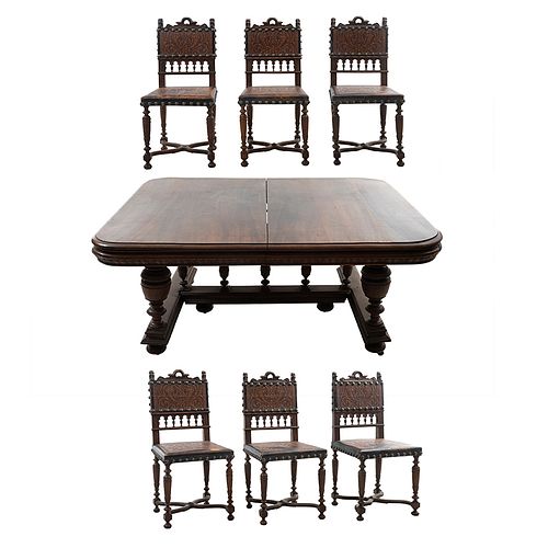 COMEDOR FRANCIA, SXX Estilo ENRIQUE II Elaborado en madera de roble Consta de: mesa y 6 sillas. Decorado con elementos orgánicos.