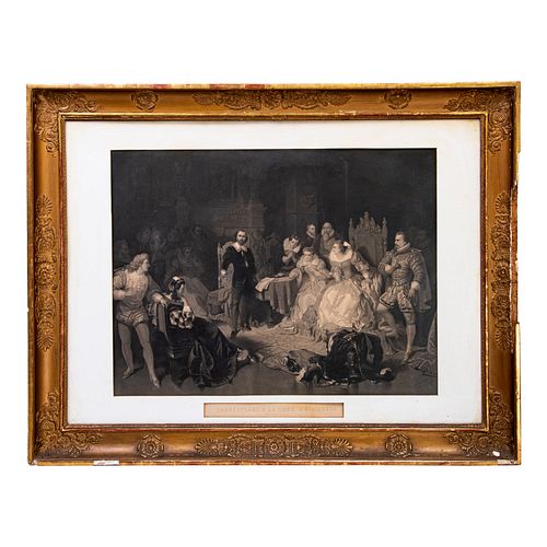 PIERRE COTTIN. William Shakesperare en la corte de la reina IsabeI. Grabado. 58 x 76 cm. Enmarcado.