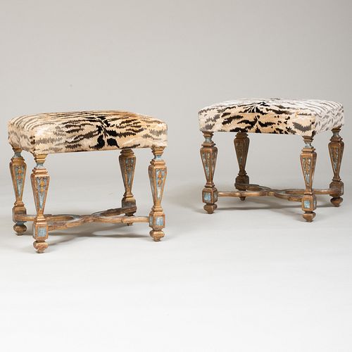 Pair of Italian Blue Painted and Parcel-Gilt Stools