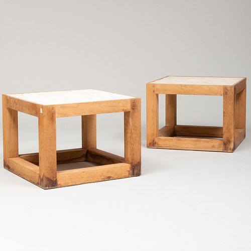 Pair of Limed Oak and Travertine Tables, Designed by Michael Taylor