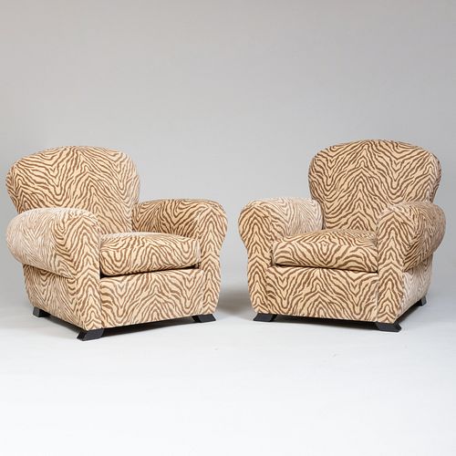 Pair of Large Tiger Velvet Upholstered and Ebonized Club Chairs