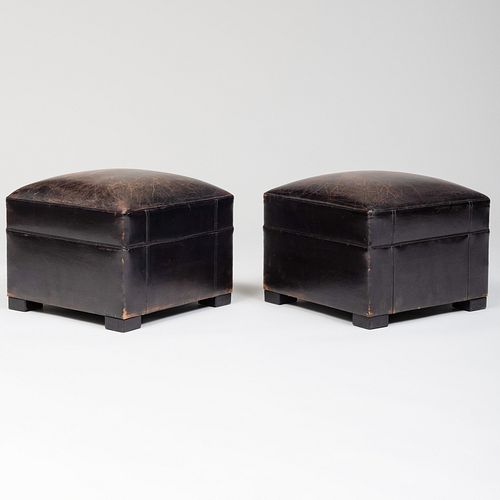 Pair of Modern Leather and Ebonized Foot Stools