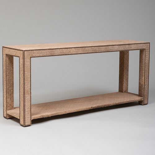 Modern Brass-Studded and Woven Reed Table, After a Design by Jean-Michel Frank