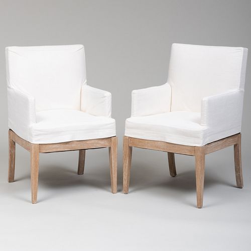 Pair of Modern Cerused Oak and Linen Armchairs, After a Design by Jean-Michel Frank