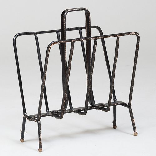 Black Leather and Metal Magazine Stand, in the Manner of Jacques Adnet