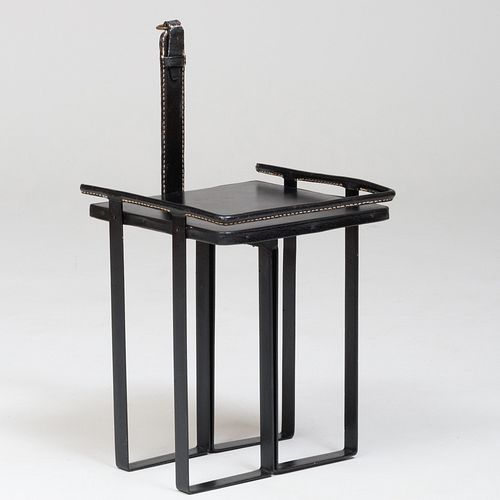 Black Leather and Metal Low Table, in the Manner of Jacques Adnet