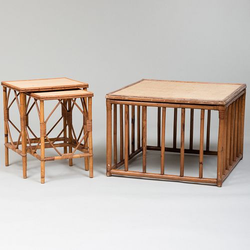 Group of Three Bamboo and Raffia Low Tables 