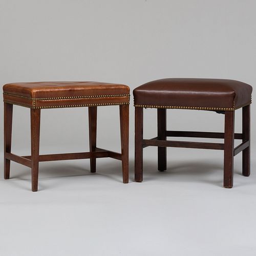 Near Pair of George III Style Leather Upholstered Mahogany Stools