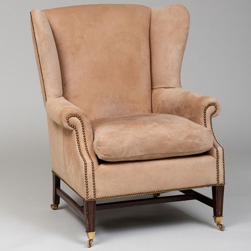 Modern Mahogany and Suede-Upholstered Wing Chair, Designed by David Easton