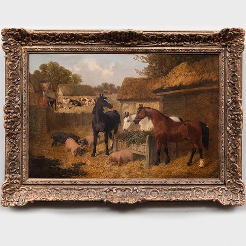 John Frederick Herring Jr. (1815-1907): A Farmyard with Pigs, Cattle and Chickens, and Horses Eating Hay by the Manger