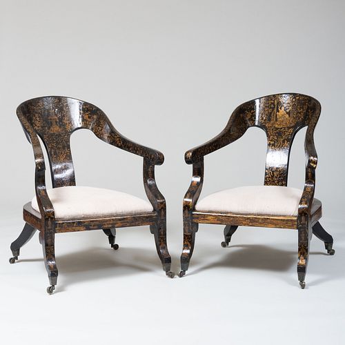 Pair of Unusual Chinese Export Style Black Lacquer and Parcel-Gilt Klismos Chairs