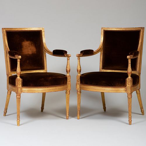 Pair of George III Giltwood Armchairs, in the French Taste
