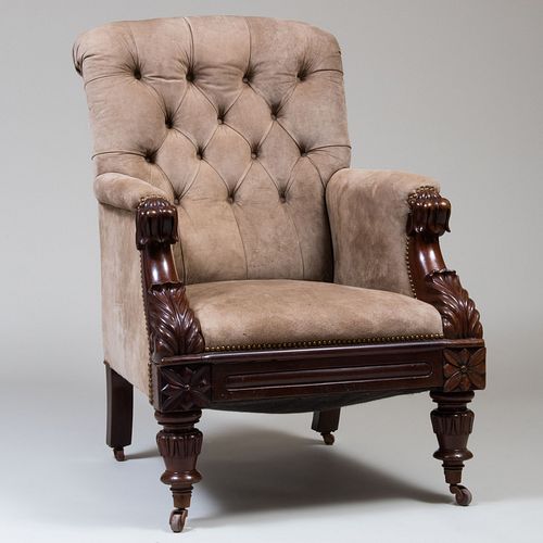William IV Carved Mahogany and Suede Upholstered Library Armchair