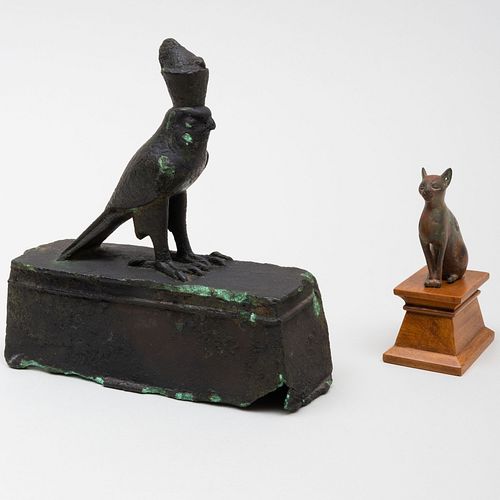 Egyptian Bronze Figure of a Cat, Together with a Egyptian Bronze Scroll Case with a Horus Finial 