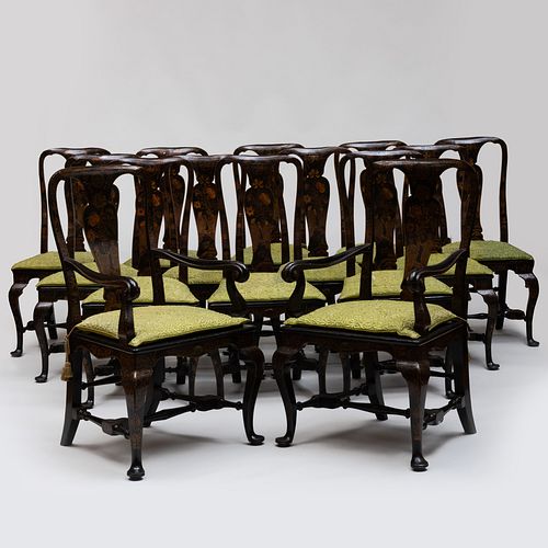 Set of Twelve George II Black Japanned and Parcel-Gilt Dining Chairs, Possibly Dutch