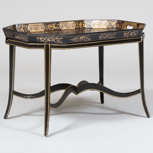 Victorian Painted and Parcel-Gilt Papier MachÃ© Tray on Later Stand