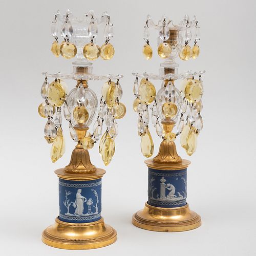 Pair of Regency Gilt-Metal Mounted Jasperware and Glass Candlesticks