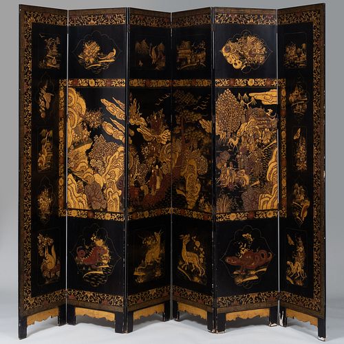 Chinese Export Black Lacquer Six Panel Screen