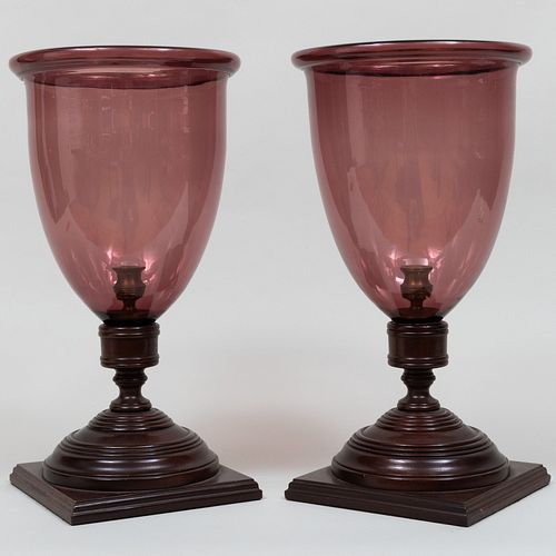 Pair of Carved Wood Photophores with Amethyst Glass Shades