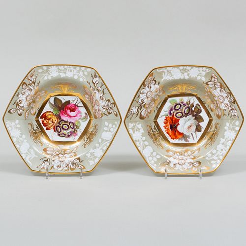 Pair of Spode Porcelain Hexagonal Dishes Decorated with Flower Bouquets