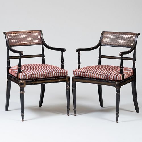 Pair of Regency Ebonized and Caned Armchairs