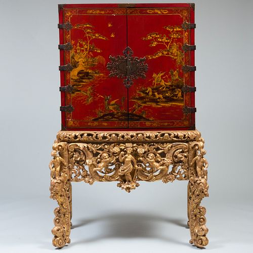 Charles II Style Scarlet Japanned and Parcel-Gilt Cabinet on Giltwood Stand