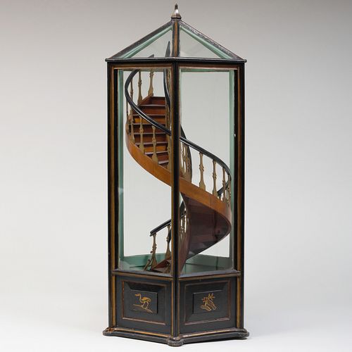 Painted Wood Model of a Staircase in a Glass Case