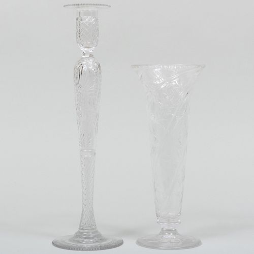 Cut Glass Vase and a Cut Glass Candlestick, Probably English