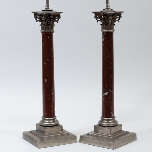 Pair of Neoclassical Style Red Marble Columnar Table Lamps