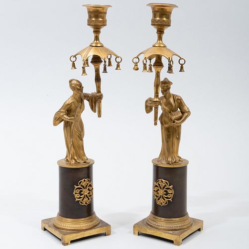Pair of Late Regency Gilt and Patinated Metal Figural Candlesticks