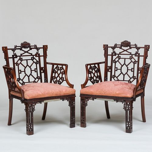Pair of George III Style Carved Mahogany Armchairs, Based on a Design by Thomas Chippendale