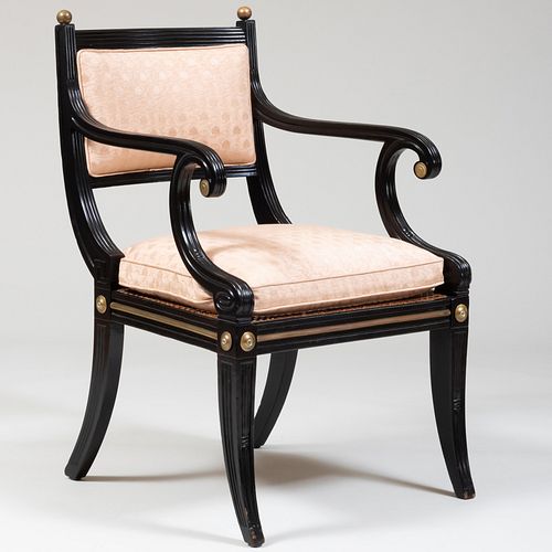 Regency Style Brass-Mounted Ebonized and Caned Armchair