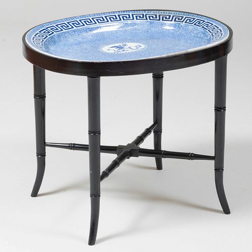 English Blue and White Pearlware Platter on Modern Ebonized Wood Stand
