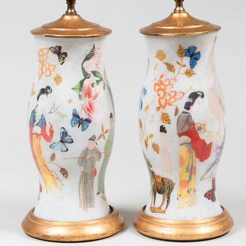 Pair of Chinoiserie Decoupaged Glass Table Lamps