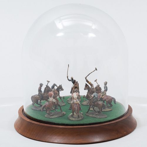 Group of Eight Cold Painted Bronze Polo Player in a Glass Dome