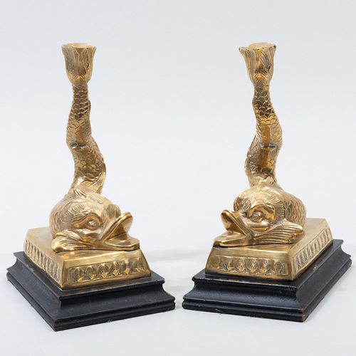 Pair of Neoclassical Style Brass Dolphin Candlesticks