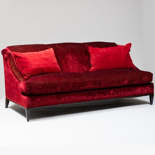 Custom Made Ebonized and Red Ribbed Chenille Sofa, Designed by Michael LaRocca