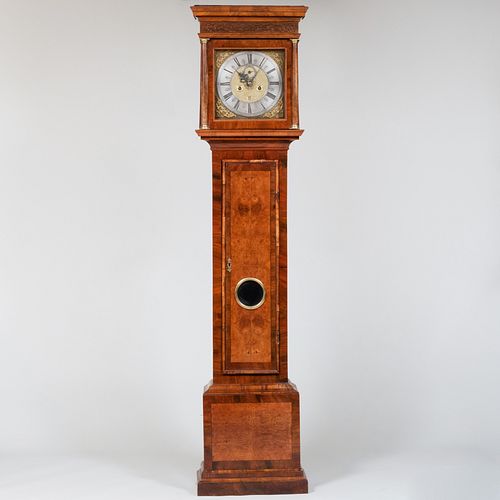 Queen Anne Gilt-Metal-Mounted Walnut and Burl Walnut Tall Case Clock, Dial Signed by Christopher Gould