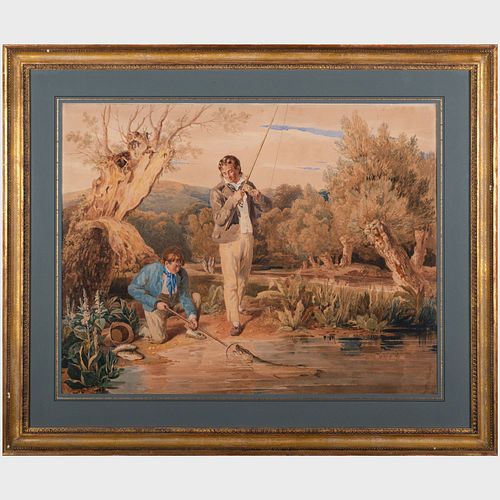 Attributed to Joshua Cristall (c. 1767-1847): Two Boys Landing a Pike