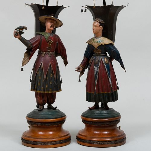 Pair of Tyrolean Painted Tin Figural Lamps
