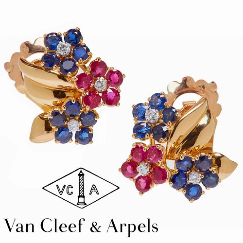 VAN CLEEF & ARPELS, PAIR OF RETRO FLORAL SAPPHIRE,RUBY AND DIAMOND EARRINGS