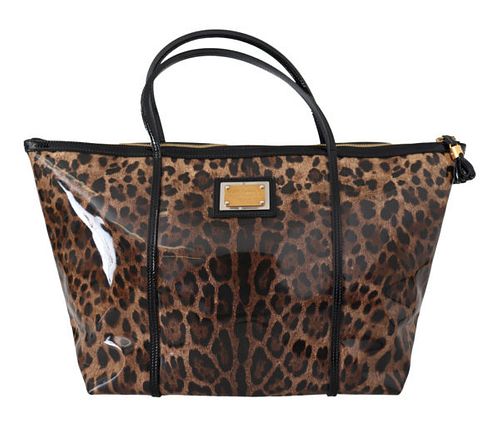 BROWN LEOPARD PATENT LEATHER SHOPPING TOTE BAG