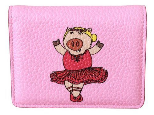 PINK YEAR OF THE PIG BIFOLD CARD HOLDER LEATHER WALLET